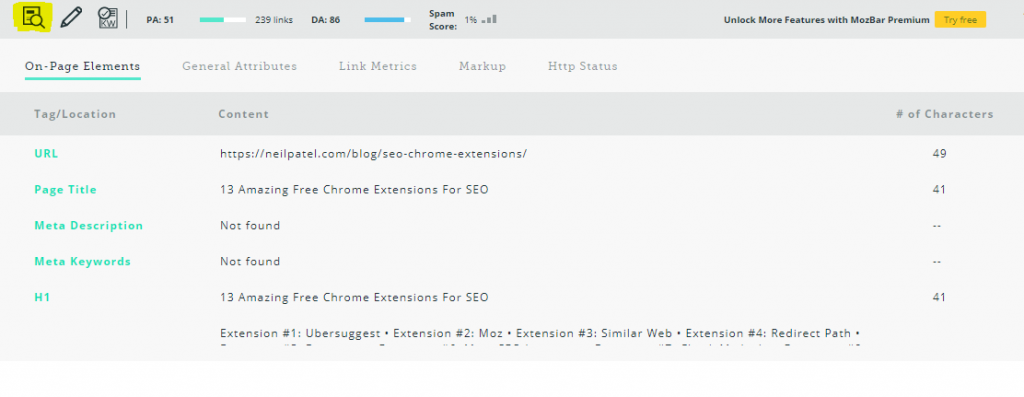 Moz Chrome Extension On Page Seo